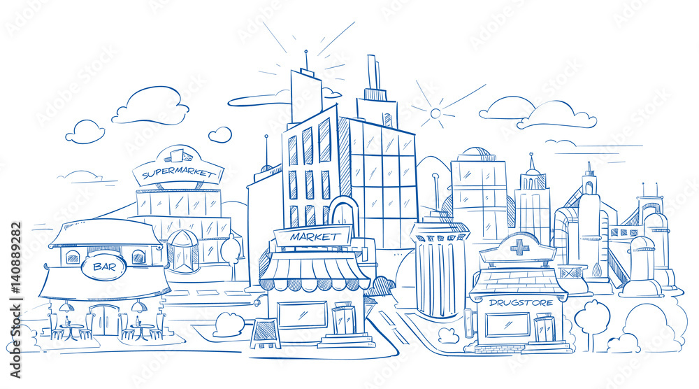 City landscape with modern buildings pencil sketch, hand drawn, doodle vector illustration