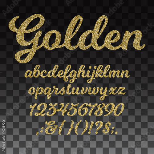 Gold glitter vector font, golden alphabet with lowercase letters, numbers and symbols