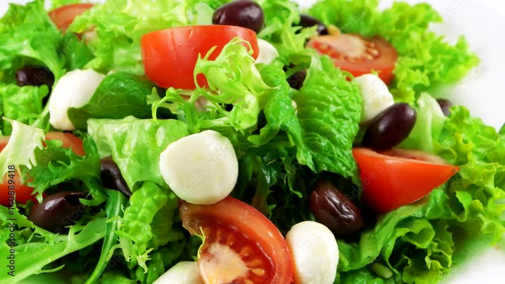 Fresh organic and gluten free salad with mozzarella, pine nuts, lettuce leaf, tomatoes and olives, close-up, loop
Fresh organic and gluten free salad with mozzarella, pine nuts, lettuce leaf, tomatoes and olives, close-up, loop
