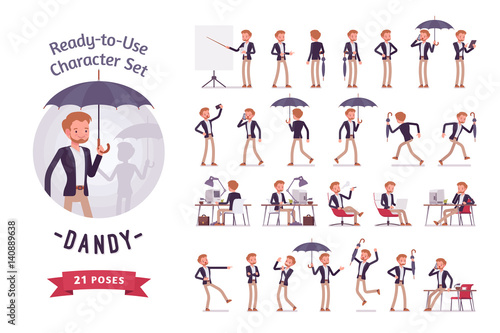 Ready-to-use young dandy character set, different poses and emotions