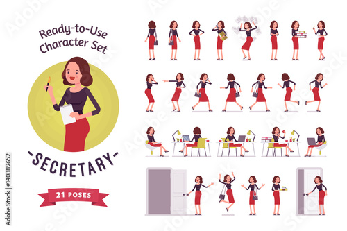 Ready-to-use young female secretary character set, different poses and emotions