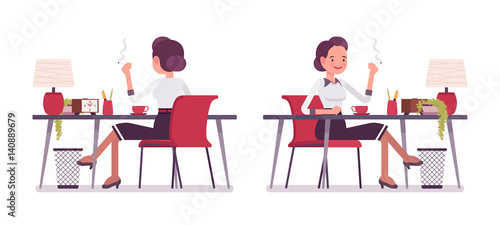 Set of young secretary sitting at the office desk relaxing