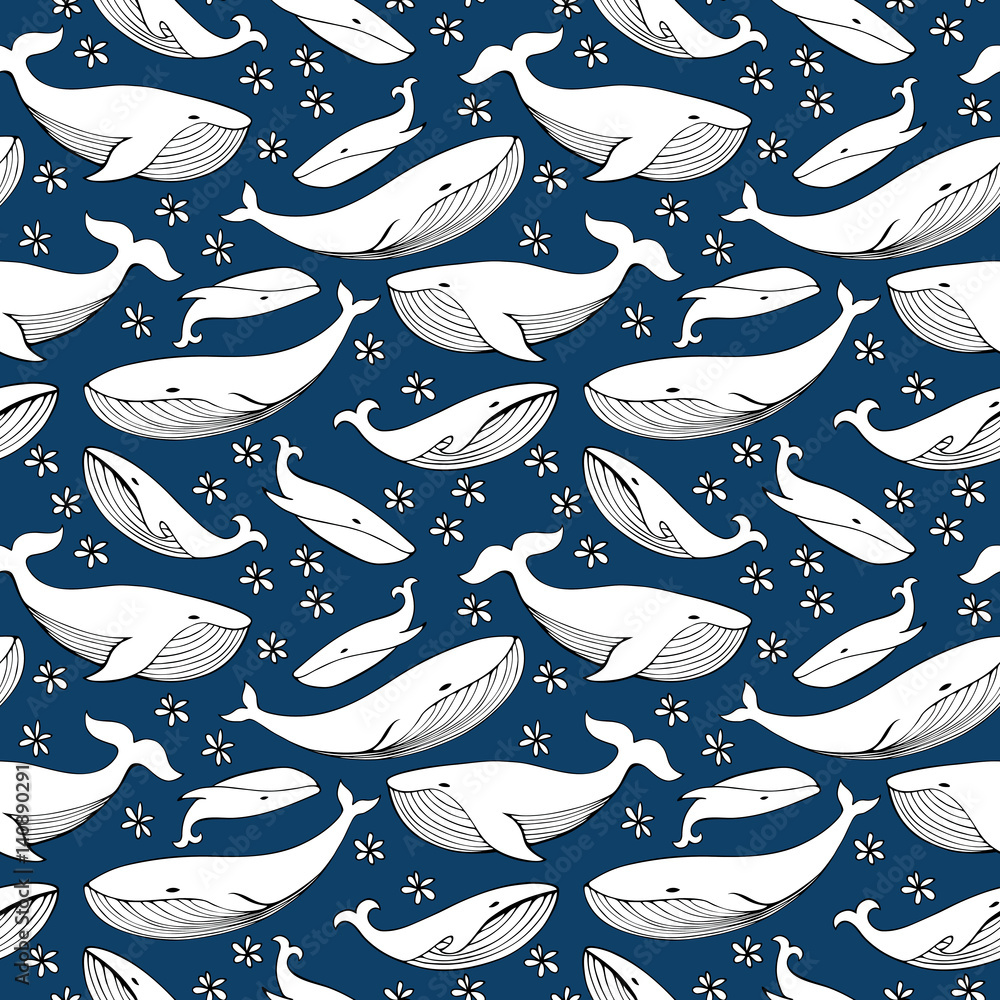 Naklejka premium Ładny ręcznie rysowane wieloryby. Monochromatyczny wektor wzór.