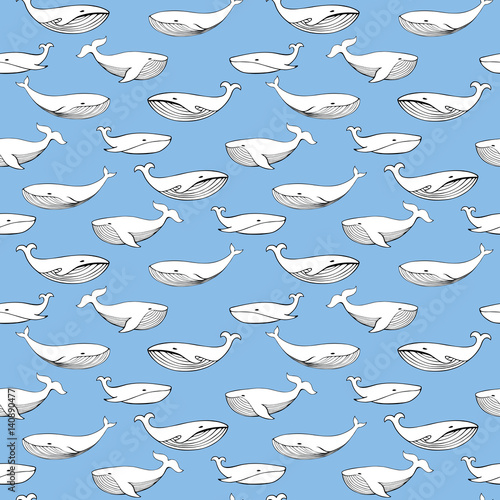 Cute hand drawn whales. Monochrome Vector seamless pattern.