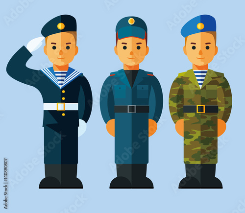 Soldiers, young men in military uniform. Armed forces, trooper, paratrooper,  police officer, navy, sailor.