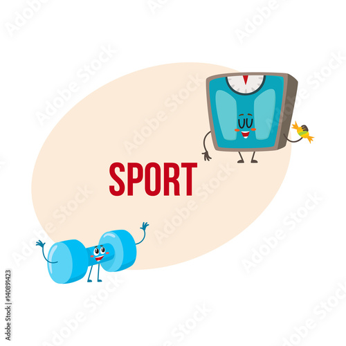 Funny dumbbell and scale characters with smiling human faces, weight management concept, cartoon vector illustration with place for text. Smiling dumbbell and weight scale characters