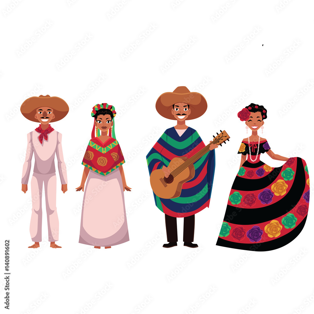 Set of Mexican people, men and women, in traditional national costumes,  cartoon vector illustration isolated on white background. People of Mexico,  Mexican men and women in national clothes Stock Vector | Adobe