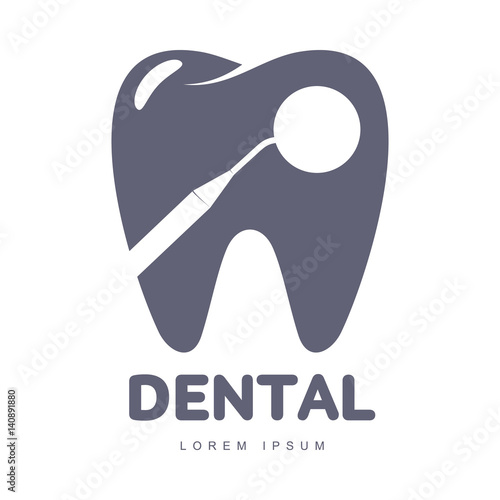 Graphic, black and white tooth, dental care logo template with mirror silhouette over tooth shape, vector illustration isolated on white background. Stylized tooth, dental care logotype, logo design