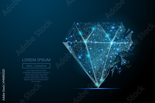 Abstract image of a diamond in the form of a starry sky or space, consisting of points, lines, and shapes in the form of planets, stars and the universe. Vector business wireframe concept. photo