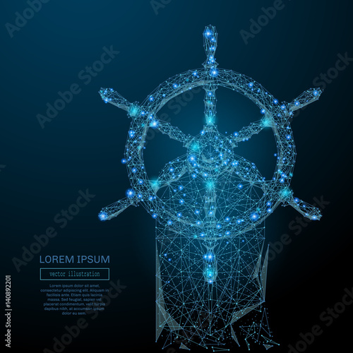 Abstract image of a steering wheel in the form of a starry sky or space, consisting of points, lines, and shapes in the form of planets, stars and the universe. Vector business wireframe concept.