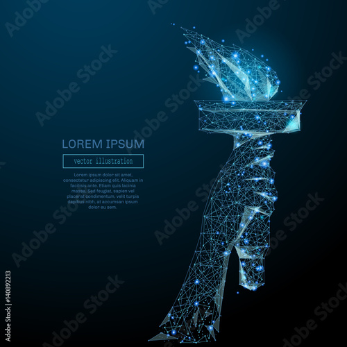 Abstract image of a Torch in hand in the form of a starry sky or space, consisting of points, lines, and shapes in the form of planets, stars and the universe. Vector business wireframe concept.