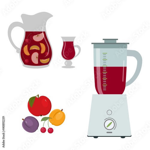 Blender and fruits isolated on white background. Also there is a pitcher and a glass with multivitamin juice in the picture. Vector flat illustration.