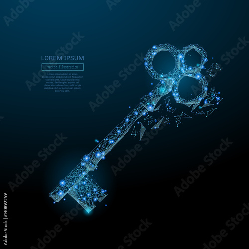 Abstract image of a vintage key in the form of a starry sky or space, consisting of points, lines, and shapes in the form of planets, stars and the universe. Vector business wireframe concept.