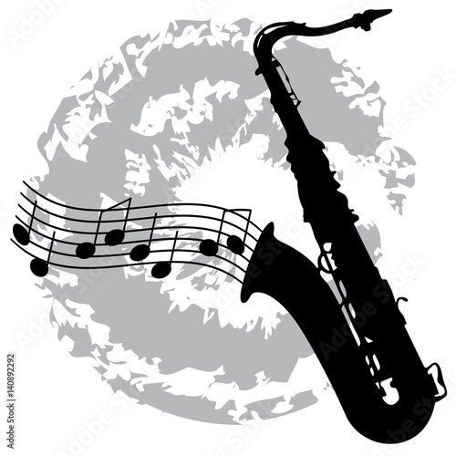 silhouette of a saxophone on a grey splotch