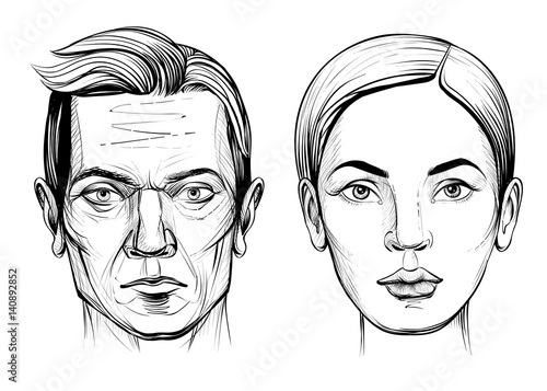 Man and woman, vector portrait sketch.