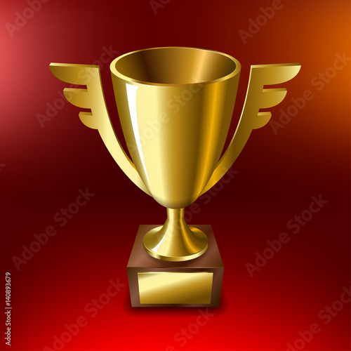 Realistic Gold cup for first place On a red background