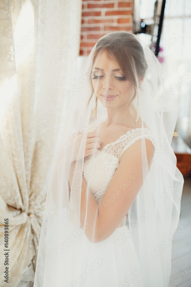 Bride covered with a veil holds her hands on the chest Bride covered with a veil holds her hands on the chest