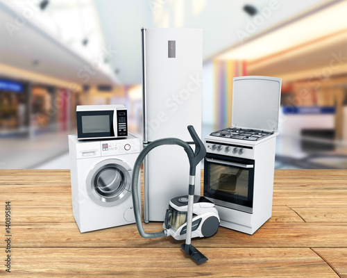 Home appliances Group of white refrigerator washing machine stove microwave oven vacuum cleaner 3d render on wood flor