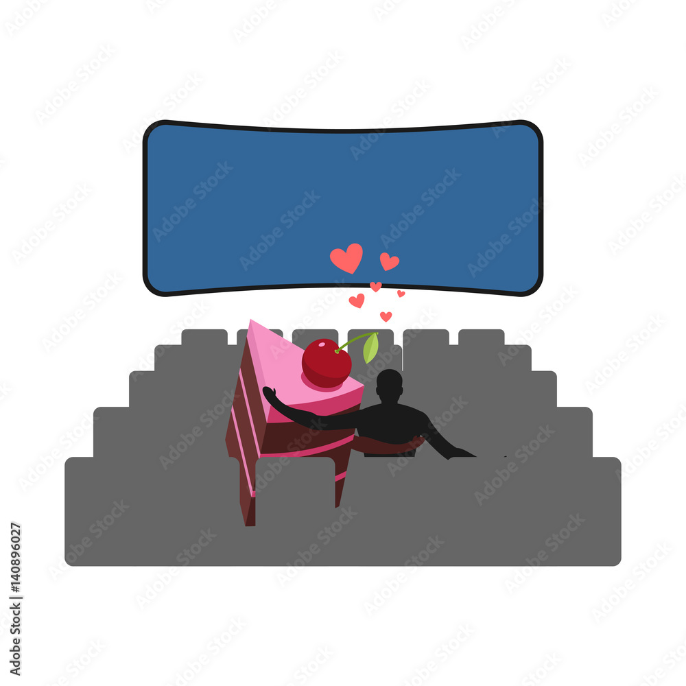 Fototapeta premium Lover of cakes. Man and piece of cake in cinema. Lovers are watching movie. Glutton of Lifestyle