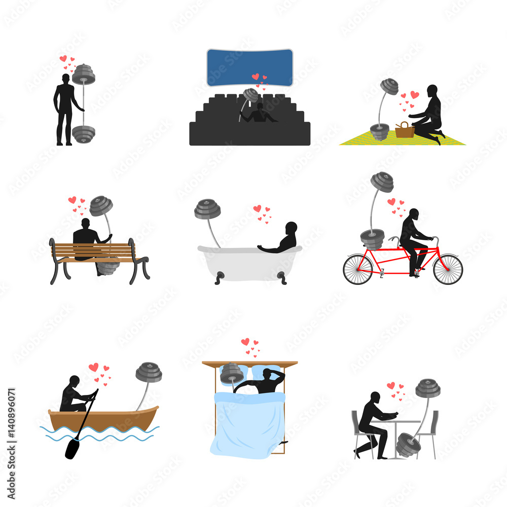 Lover Fitness set. Man and barbell in movie theater. Lovers in bath. boat. person sitting on bench. Joint walk. Cycling tandem. Breakfast in cafe. Picnic in park. in bed. bodybuilding Lifestyle