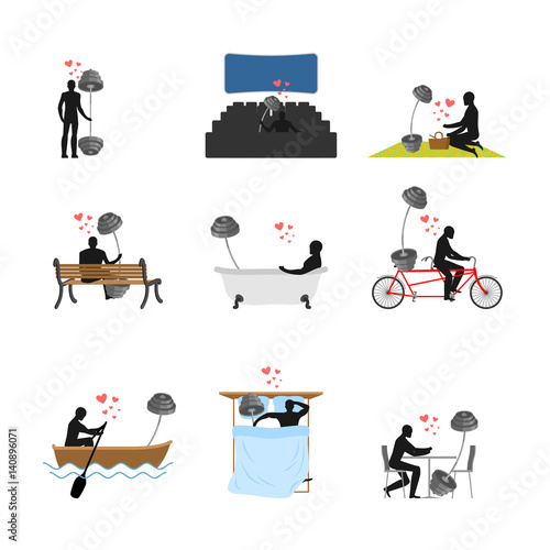 Lover Fitness set. Man and barbell in movie theater. Lovers in bath. boat. person sitting on bench. Joint walk. Cycling tandem. Breakfast in cafe. Picnic in park. in bed. bodybuilding Lifestyle