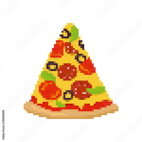 Fototapeta Pizza Pixel Art. Kawałek pizzy jest pikselowany. Fast food na białym tle