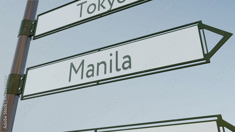 Manila direction sign on road signpost with Asian cities captions. Conceptual 3D rendering