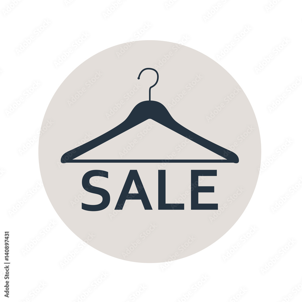 Icono plano percha con texto SALE en circulo gris Icono plano percha con texto SALE en circulo gris