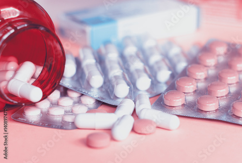 Pills and another drugs for illegal doping manipulations. Pharmacy antibiotic and antidepressant. photo