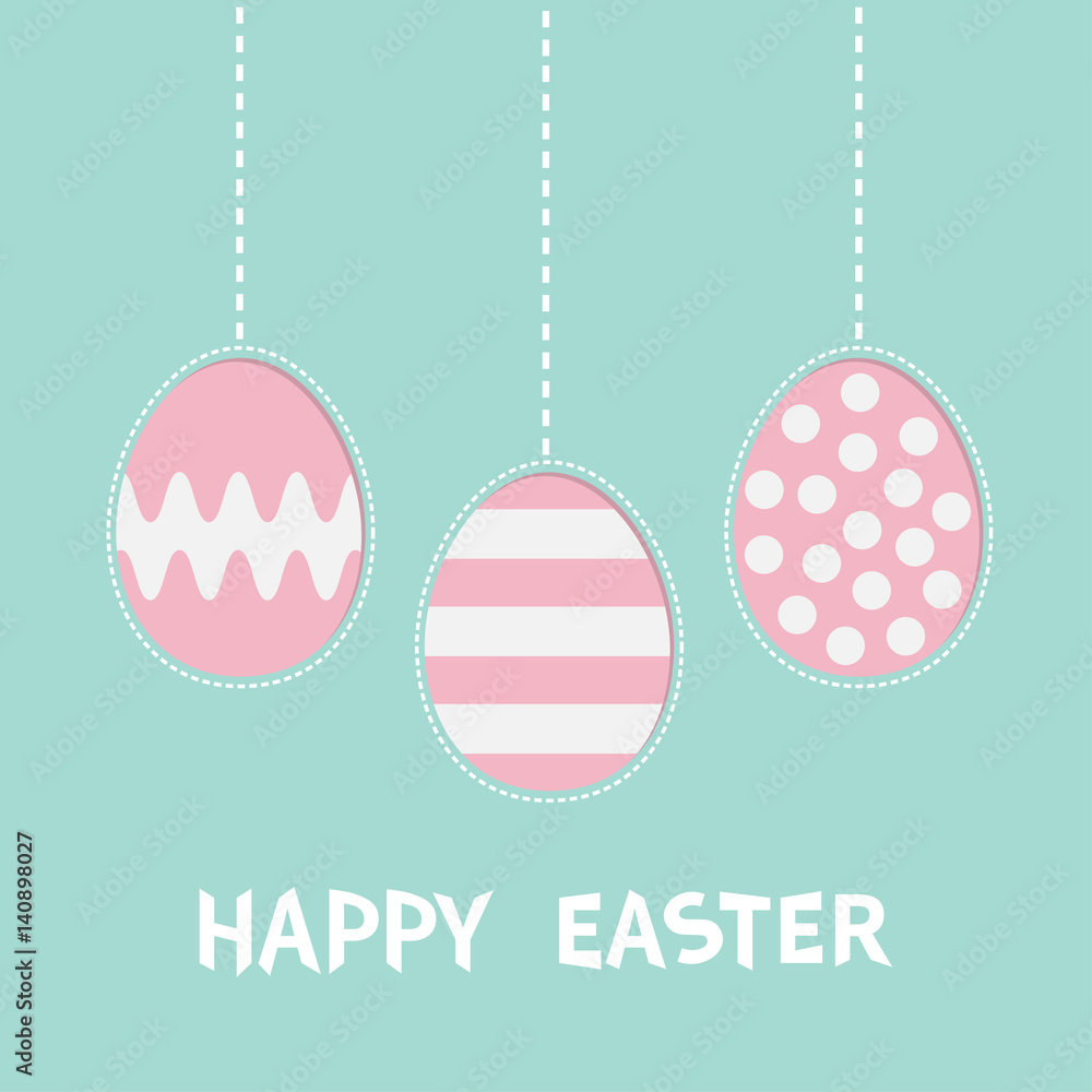 Happy Easter text. Hanging painted egg set. Pink color with dot, stripe, zigzag pattern. Dash line. Three painting egg shell. Greeting card. Flat design style. Cute decoration element.
