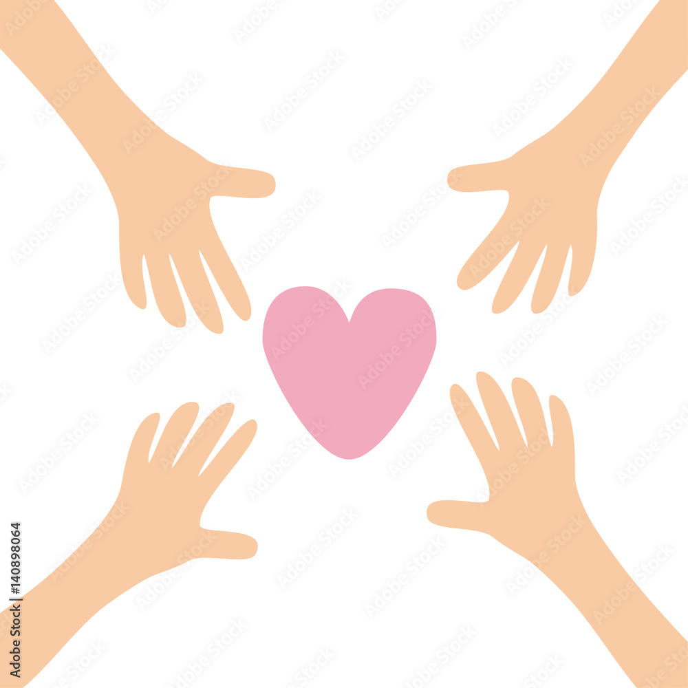 Four Hands arms reaching to big pink heart shape sign. Helping hand. Close up body part. Happy Valentines day. Greeting card. Flat design. Find love concept White background. Isolated. Four Hands arms reaching to big pink heart shape sign. Helping hand. Close up body part. Happy Valentines day. Greeting card. Flat design. Find love concept White background. Isolated.