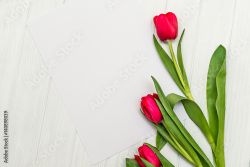 red tulips on a white wooden board