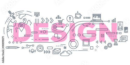 Vector creative illustration of design word lettering typography with line icons on white background.