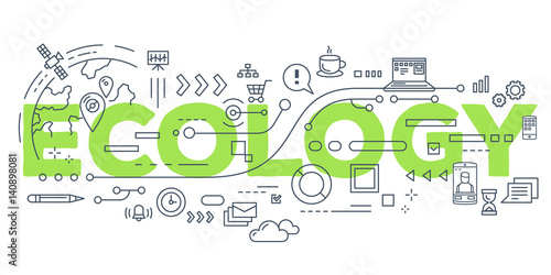 Vector creative illustration of ecology word lettering typography with line icons on white background.