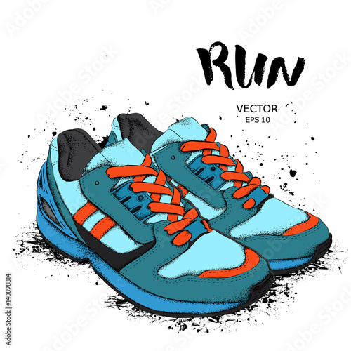 Hand drawn sneakers on white background. Run Concept. Vector illustration