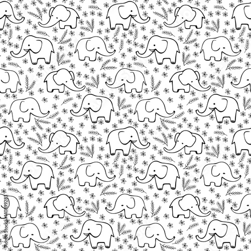 Cute hand drawn elephants. Monochrome Vector seamless pattern.