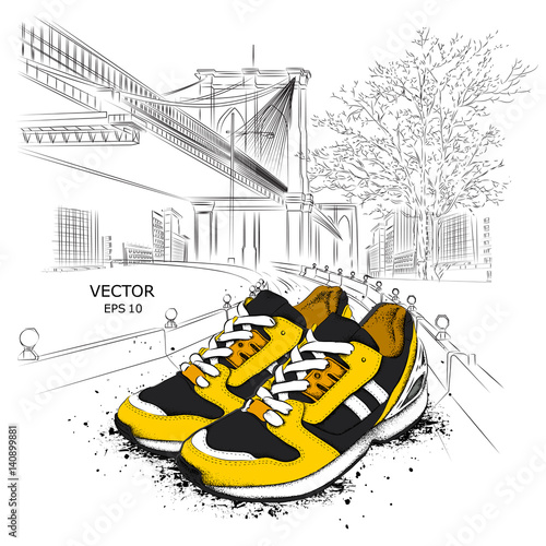 Hand drawn sneakers on background. Run Concept. New York hand drawn vector illustration