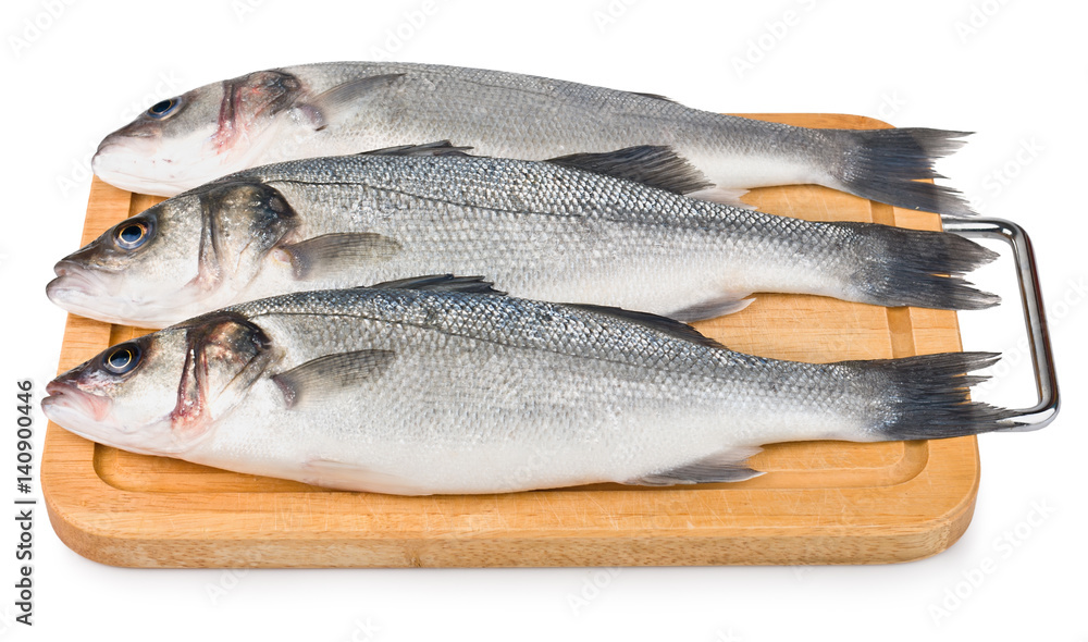 Sea Bass on wooden board isolated Sea Bass on wooden board isolated
