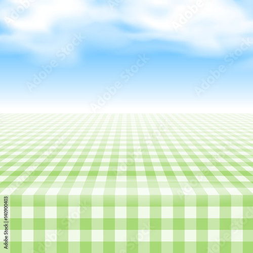 Empty picnic table, covered with checkered gingham tablecloth. Clear blue sky background. Summer picnic background for product presentation Vector illustration. Green gingham pattern.