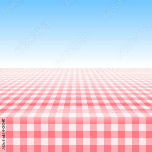 Empty picnic table, covered with checkered gingham tablecloth. Clear blue sky background. Summer picnic background for product presentation Vector illustration. Red-pink gingham pattern.