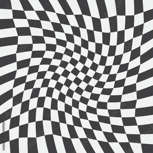 Unequal twisted checks, abstract checkered background. Vector illustration. Background with black and white checkered racing flag. Opt Art.