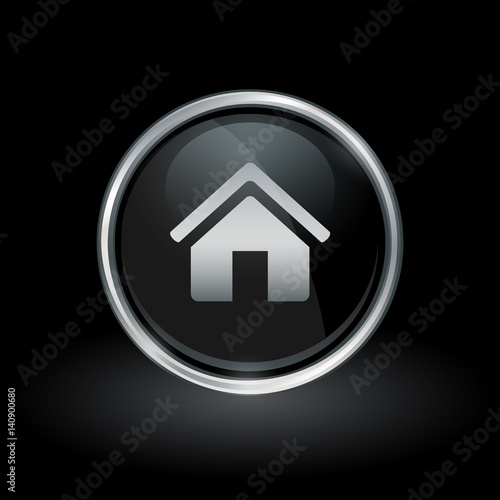 Home symbol with house icon inside round chrome silver and black button emblem on black background. Vector illustration.