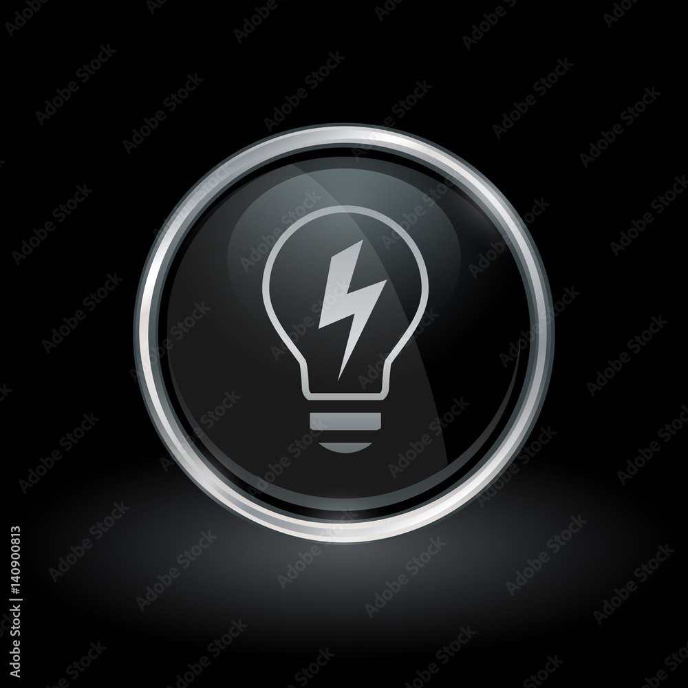 Light energy symbol with lightbulb electricity icon inside round chrome silver and black button emblem on black background. Vector illustration. Light energy symbol with lightbulb electricity icon inside round chrome silver and black button emblem on black background. Vector illustration.