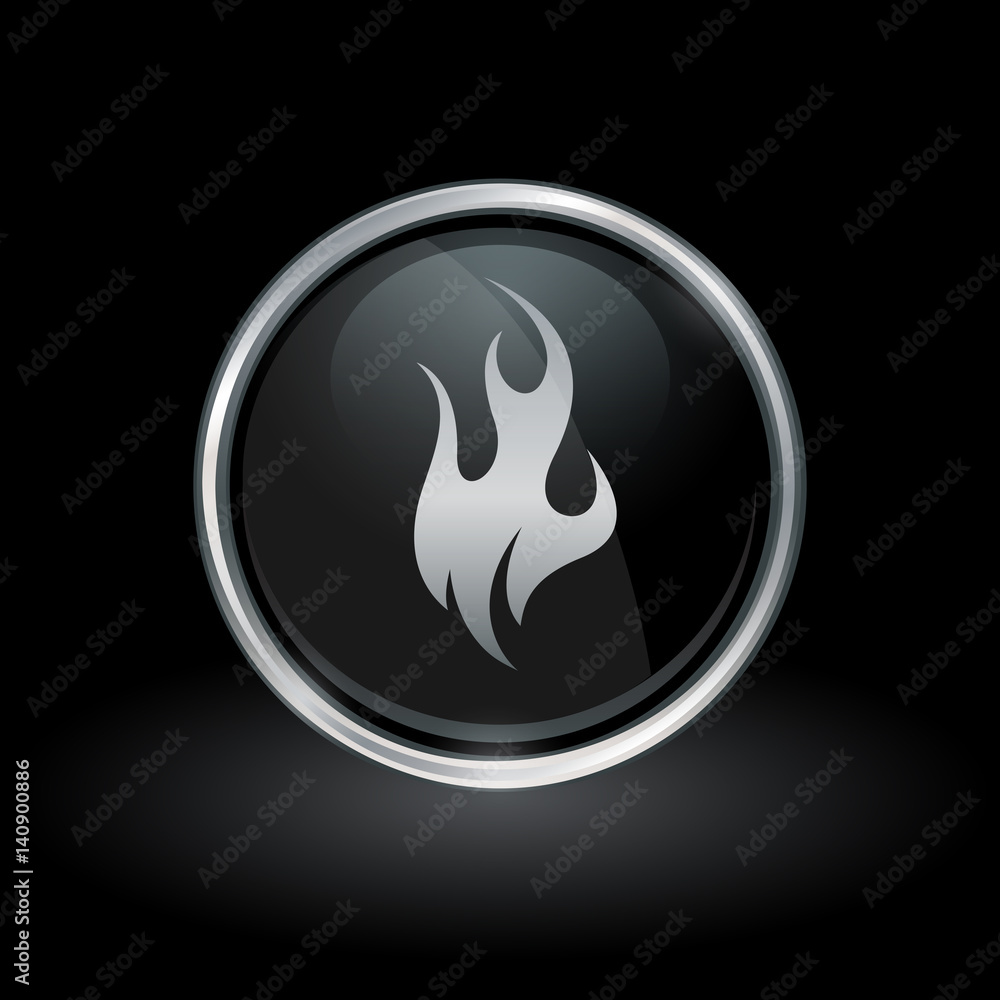 Fire symbol with flame icon inside round chrome silver and black button emblem on black background. Vector illustration. Stock Vector Adobe Stock