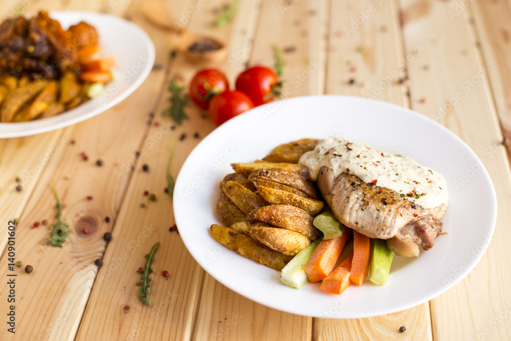 Baked potatoes with turkey. Some tasty and useful vegetables Baked potatoes with turkey. Some tasty and useful vegetables