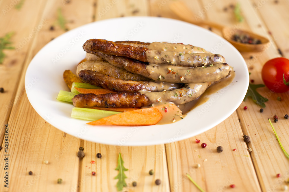 Grilled sausage with baked potatoes and vegetables