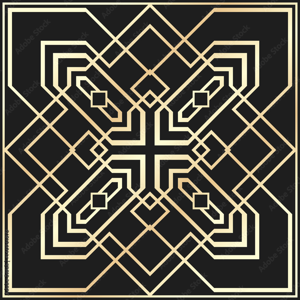 Vector geometric ornament in Art Deco style. Square abstract element for design. Light golden lined shape. Vector geometric ornament in Art Deco style. Square abstract element for design. Light golden lined shape.