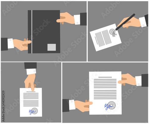 Signing Contract Stages Picture Collection on Grey