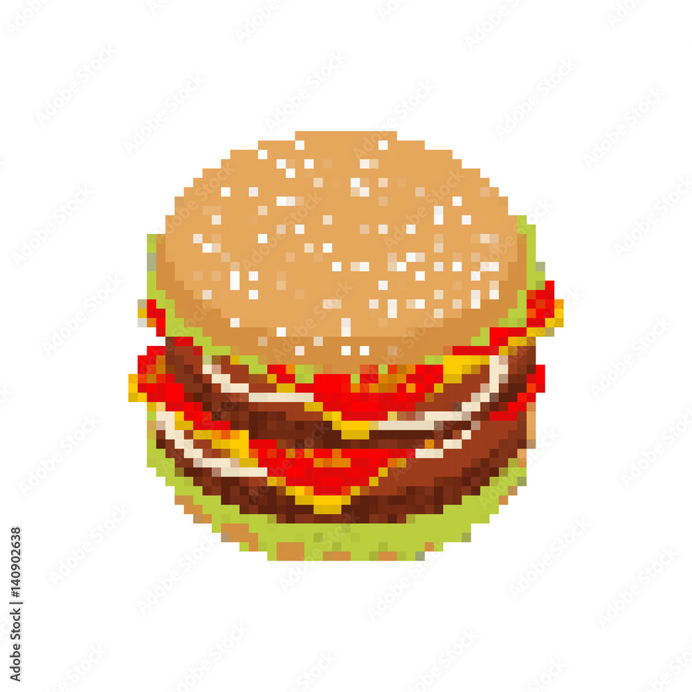 Hamburger pixel art. pixelated Fast food isolated on white background