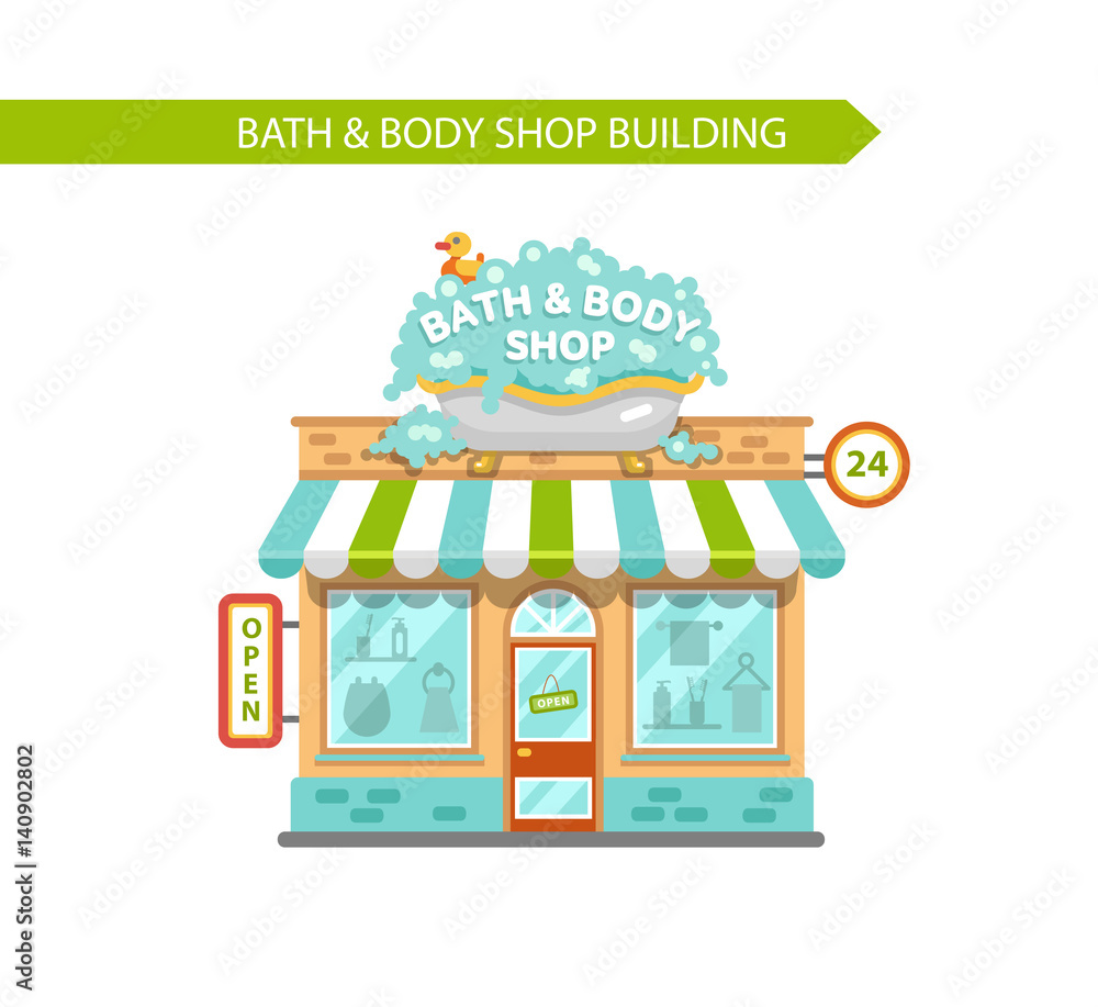 Vector flat style illustration of bath & body shop building. Signboard with big wash tub with foam and duck. Shop vitrine with room utensils. Isolated on white background.